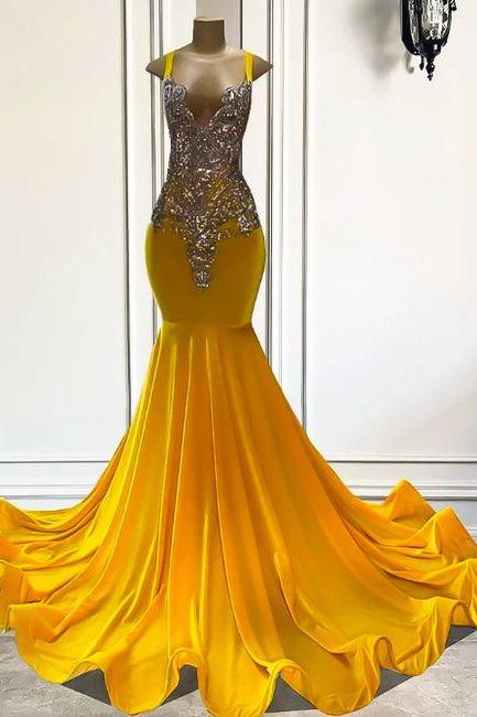 Yellow Prom Dresses, Spaghetti Straps Prom Dresses, Rhinestones Fashion Party Dresses, Beaded Prom Dresses, Birthday Party Dresses, Luxury