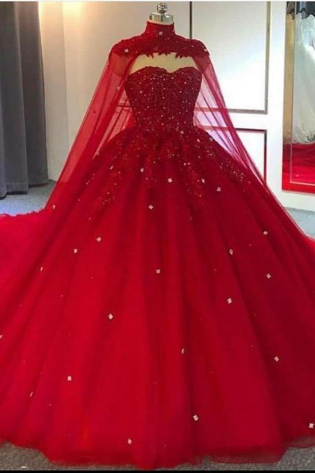 Red Prom Ball Gown, Robes De Bal, Princess Prom Dresses, Lace Applique Prom Dresses, Sweet 16 Ball Gown, Quinceanera Dresses, Beaded Luxury Prom
