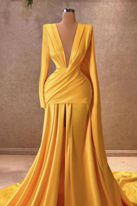 Yellow Prom Dresses, Arabic Prom Dresses, Vestidos Para Mujer, V Neck Elegant Evening Dresses, Formal Occasion Dresses, Dubai Fashion Party