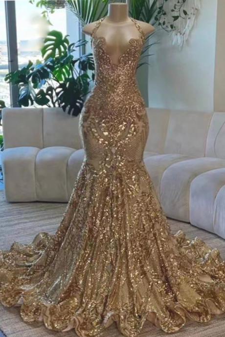 Gold Sparkly Prom Dresses, Vestidos De Noche, Formal Occasion Dresses, Glitter Evening Gown, Rhinestones Prom Dresses, Robes De Soiree Femme,