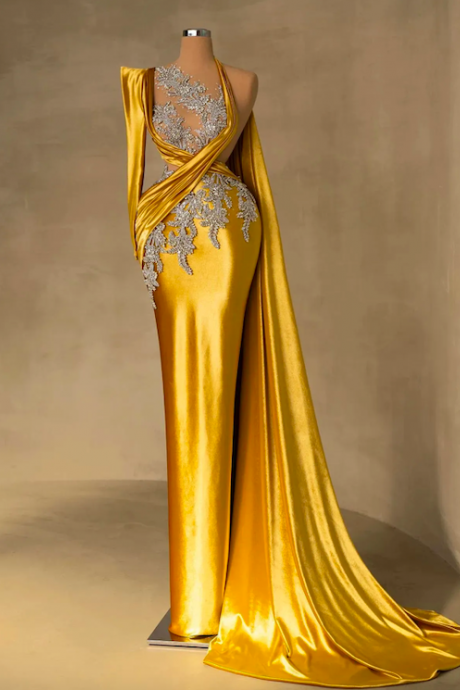 Dubai Fashion Prom Dresses, Beaded Lace Applique Prom Dresses, Robe De Soiree, Gold Prom Dresses, One Shoulder Prom Dresses, Vestidos De Gala,