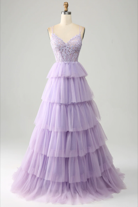 Purple Prom Dresses, Tiered Prom Dresses, Vestidos De Gala, Formal Occasion Dresses, Lace Applique Prom Dresses, A Line Prom Dresses, Robes De
