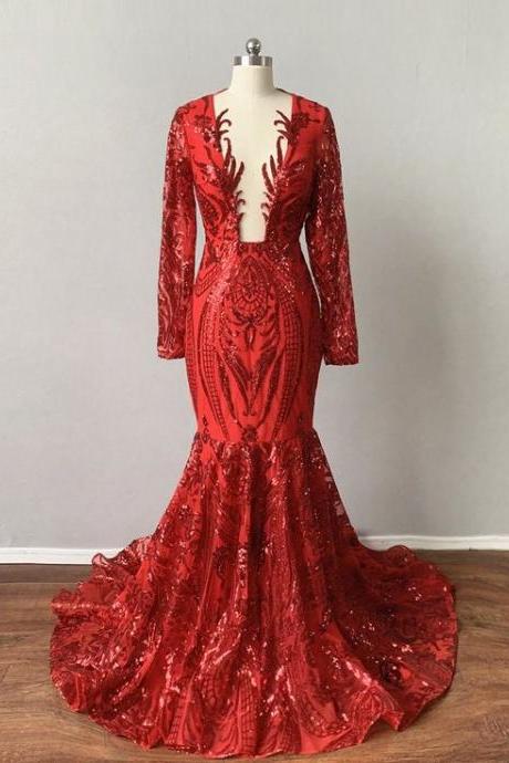 Red Prom Dresses, Long Sleeve Prom Dresses, Formal Dresses, Vestidos De Gala, Sparkly Sequin Applique Prom Dress, Fashion Party Dresses, Robes