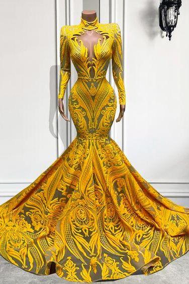 Yellow Prom Dresses, 2024 Prom Dresses, Long Sleeve Prom Dresses, Formal Occasion Dresses, Elegant Prom Dresses, Lace Applique Evening Dresses,