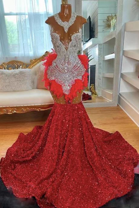 Red Prom Dresses, Rhinestones Prom Dresses, Sparkly Sequin Prom Gown, Fashion Prom Dresses, Luxury Birthday Party Dresses, Feather Prom Dresses,