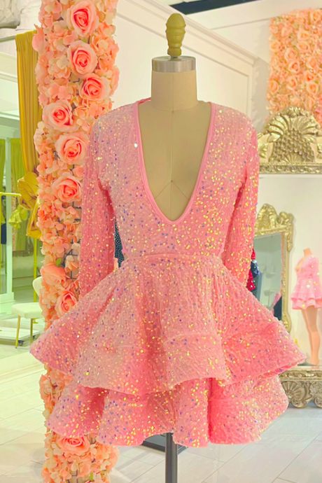 Pink Sparkly Prom Dresses, Vestidos De Gala, Glitter Prom Dresses, Robes De Cocktail, Homecoming Dresses Short, Fashion Party Dresses, Tiered