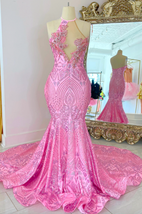 Pink Prom Dresses, Sparkly Applique Prom Dresses, Halter Prom Dresses, Vestidos De Gala, Formal Occasion Dresses, Evening Dresses For Women,