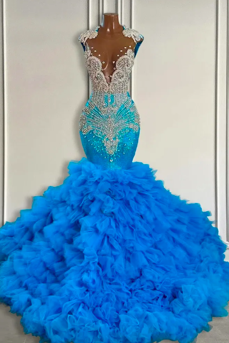 Rhinestones Luxury Prom Dresses, Blue Prom Dresses, Pageant Dresses For Women, Custom Prom Dresses 2024, Diamonds Evening Gown, Tiered Prom Gown,