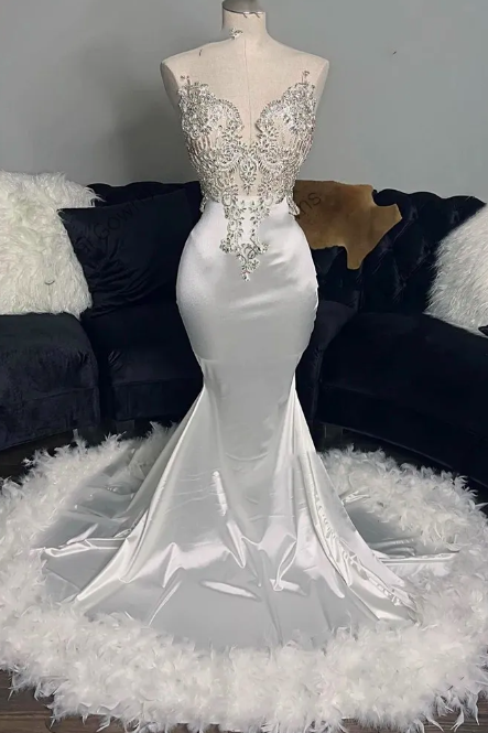 White Prom Dresses, Feather Prom Dresses, Bridal Dresses, Lace Applique Prom Dresses, Elegant Prom Dresses, Wedding Guest Dresses, Formal