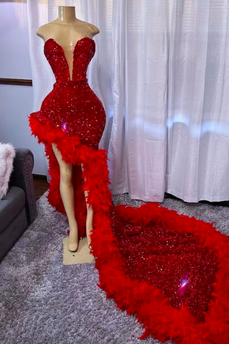 Sweetheart Neck Prom Dresses, Feather Prom Dresses, Fashion Birthday Party Dresses, Red Sparkly Prom Dresses, Luxury Evening Dresses, Prom Gown
