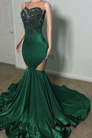 Green Prom Dresses For Women, Beaded Applique Evening Wear, Mermaid Prom Dresses, Sleeveless Modest Prom Dresses, Elegant Formal Occasion