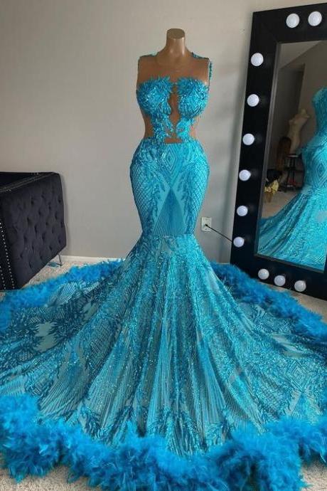 Blue Sparkly Prom Dresses, Luxury Prom Dresses, Feather Prom Dresses, Vestidos De Fiesta, Glitter Applique Evening Gown For Women, Elegant