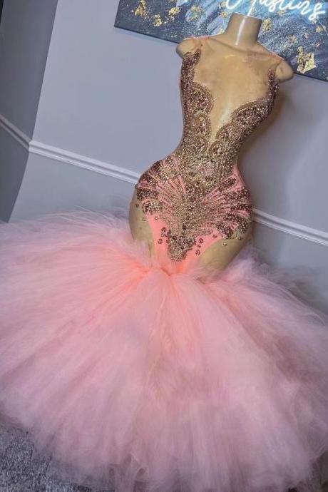 Crystals Prom Dresses, Prom Ball Gown, Tiered Prom Dresses, Pageant Dresses For Women, Diamonds Prom Dresses, Vestidos De Graudacion, Pink Prom