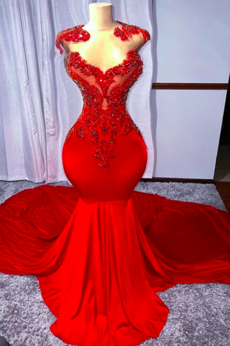 Red Prom Dresses Beaded Top, Elegant Prom Dresses, Mermaid Evening Dresses, Cap Sleeve Prom Dresses, Luxury Birthday Party Dresses, Formal Wear