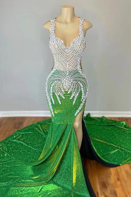 Green Prom Dresses, Luxury Crystals Prom Dresses, Diamonds Birthday Party Dresses, Vestidos De Fiesta, Elegant Prom Dresses, Evening Dresses For