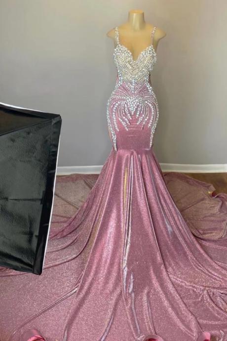 Pink Prom Dresses, Crystals Luxury Prom Dresses, Mermaid Prom Dresses, Rhinestones Diamonds Formal Gown For Women, Robes De Soiree, Evening Gown,