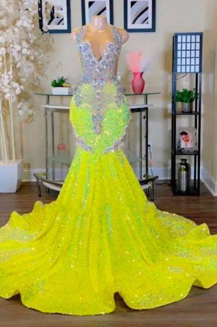 Yellow Sparkly Prom Dresses, Rhinestones Luxury Prom Dresses, Fashion Women Birthday Party Dresses, Vestidos De Gala, Elegant Evening Dresses For