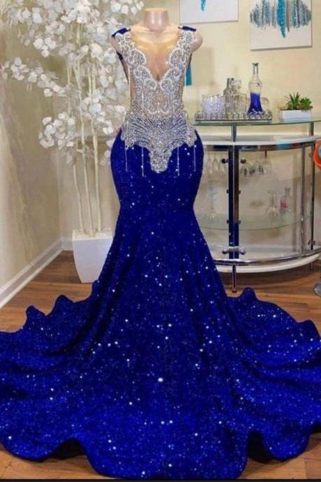 Royal Blue Diamonds Prom Dresses, Vestidos De Gala, Rhinestones Sparkly Prom Gown, Prom Dresses For Black Girls, Tassels Beading Formal Wear,