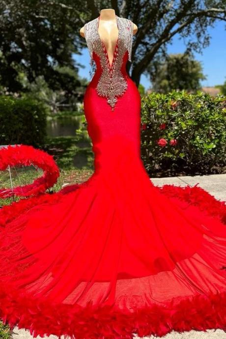 Tassel Feather Prom Dresses, Red Diamonds Prom Dresses, Beaded Evening Dresses, Formal Occasion Dresses, Mermaid Elegant Evening Gown, Custom