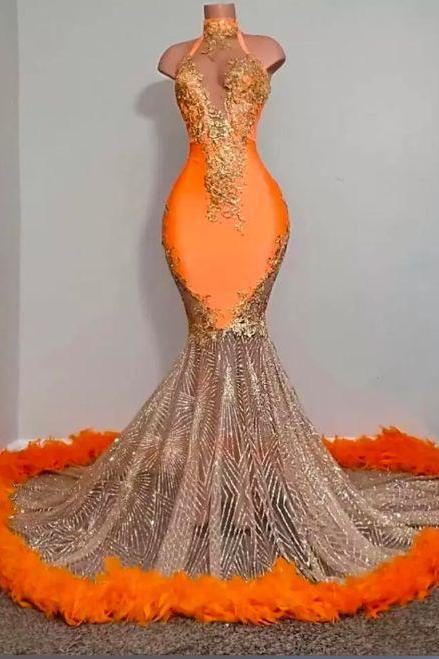 High Neck Orange Prom Dresses, Sparkly Prom Dresses, Vestidos De Fiesta, Elegant Prom Dresses, Formal Occasion Dresses, Feather Prom Dresses,