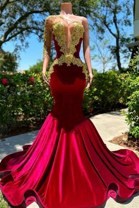 One Shoulder Prom Dresses, Burgundy Prom Dresses, Vestidos De Gala, Gold Lace Applique Evening Gown, Arabic Prom Dresses, Mermaid Elegant Formal