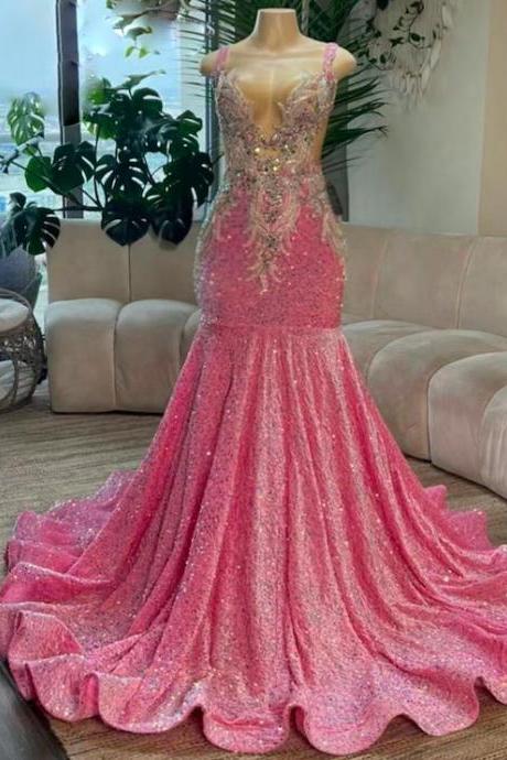 Lace Applique Prom Dresses, Pink Prom Dresses, Robes De Soiree, Glitter Evening Gown For Black Girls, Custom Prom Dresses, Elegant Prom Dresses,