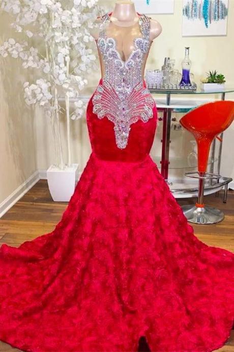Crystals Rhinestones Prom Dresses, Floral Prom Dresses, 21st Birthday Party Dresses, Red Carpet Dresses, Plus Size Elegant Prom Gowns For Black