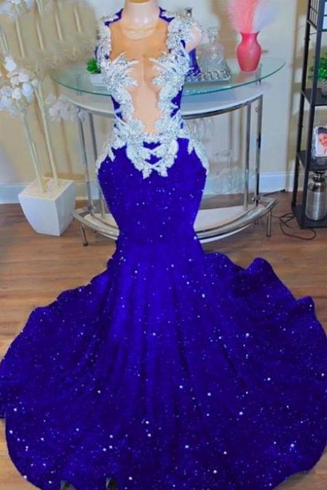 Royal Blue Sparkly Prom Dresses, Lace Applique Prom Dresses, Glitter Evening Wear For Women, Sheer Sexy Birthday Party Dresses, Custom Prom