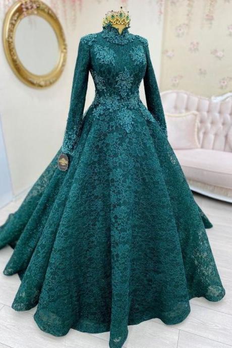 Muslim Prom Dresses, Green Lace Applique Prom Dresses, Ball Gown, High Neck Prom Gown, Arabic Style Prom Dresses, Dubai Fashion Evening Dresses, Long Sleeve Party Dresses, Robes De Bal