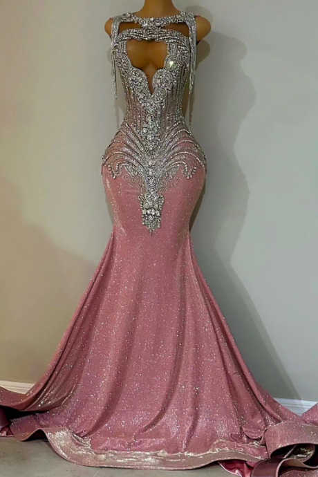 Rose Pink Sparkly Prom Dresses 2025, Rhinestone Rhinestone Embellished Prom Gown 2024, Beading Tassels Formal Wear, Glitter Modest Evening