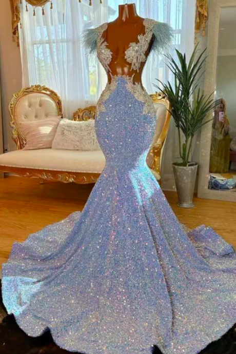 Blue Sparkly Prom Dresses, Feather Elegant Prom Gown, Mermaid Evening Dresses, Vestidos De Fiesta, Lace Applique Evening Gown, Elegant Prom