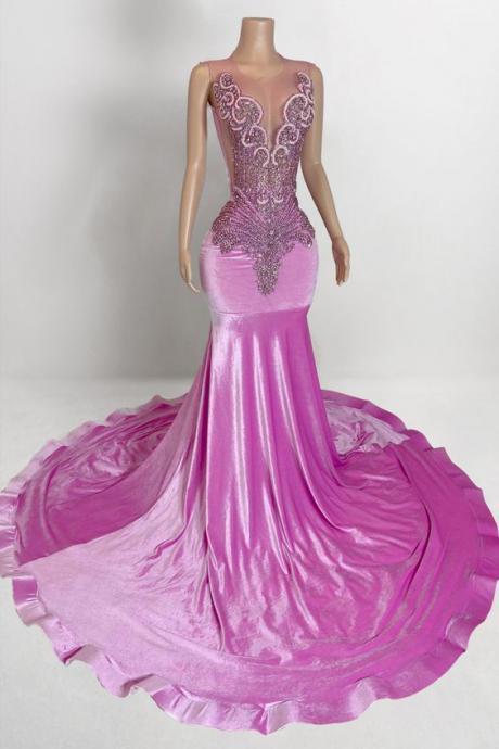 Pink Diamonds Prom Dresses 2025, Fashion Luxury Birthday Party Dresses 2024, Beading Rhinestones Prom Gown, Velvet Elegant Evening Dresses,