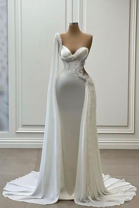 Luxury One Shoulder Wedding Dresses, Peals Beading Wedding Dresses