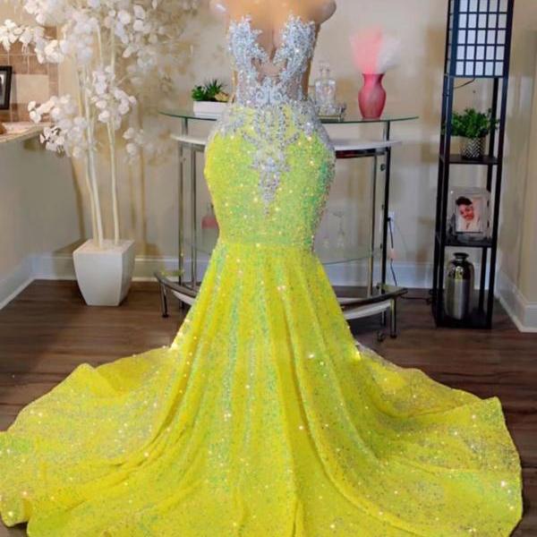 yellow prom dresses, o neck prom dress, sparkly prom dresses, beaded applique prom dresses, mermaid prom dresses, prom dresses for black girl, vestidos de noche, cheap prom dresses, special occasion dresses, cocktail dress, shinny party dresses, vestidos de fiesta, elegant prom dresses, evening dresses for women