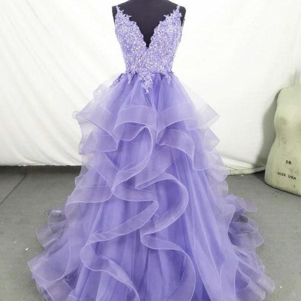 Purple Prom Dresses, Tiered Prom Dresses, Lace Applique Prom Dresses ...