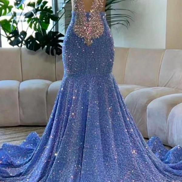 blue sparkly dresses Royal Blue Sequin Sparkly Mermaid Simple Formal Long Prom Dresses, Eve –  bridalsew main image 1