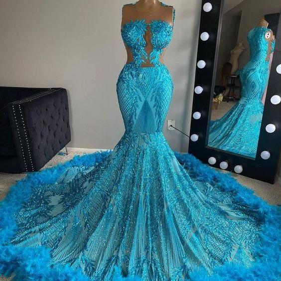 Blue Sparkly Prom Dresses, Luxury Prom Dresses, Feather Prom Dresses, Vestidos De Fiesta, Glitter Applique Evening Gown for Women, Elegant Fashion Party Dresses, Formal Occasion Dresses