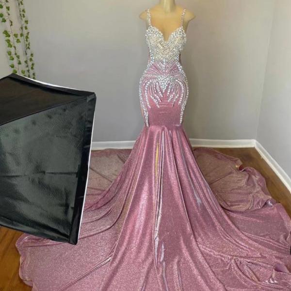 Pink Prom Dresses, Crystals Luxury Prom Dresses, Mermaid Prom Dresses, Rhinestones Diamonds Formal Gown for Women, Robes De Soiree, Evening Gown, Modest Mermaid Prom Dresses
