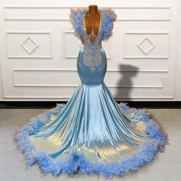 Feather Luxury Prom Dresses, Vestidos De Gala, Rhinestones Fashion Party Dresses, Evening Gown for Women, Sparkly Crystals Formal Wear, Custom Prom Dresses, Blue Evening Dresses, Formal Occasion Dresses
