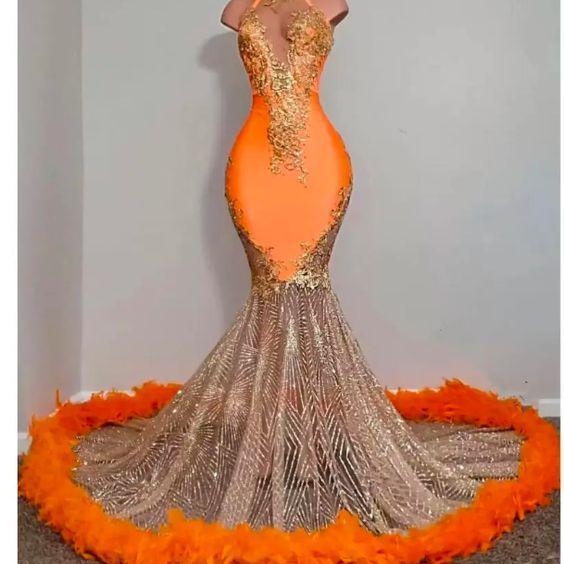 High Neck Orange Prom Dresses, Sparkly Prom Dresses, Vestidos De Fiesta, Elegant Prom Dresses, Formal Occasion Dresses, Feather Prom Dresses, Sheer Sexy Party Dresses, Vestidos De Gala