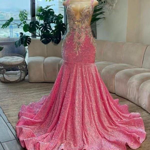 Lace Applique Prom Dresses, Pink Prom Dresses, Robes De Soiree, Glitter Evening Gown for Black Girls, Custom Prom Dresses, Elegant Prom Dresses, Spagehtti Straps Formal Occasion Dresses, Fashion Birthday Party Dresses