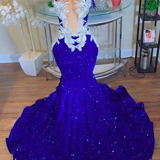 Royal Blue Sparkly Prom Dresses, Lace Applique Prom Dresses, Glitter Evening Wear for Women, Sheer Sexy Birthday Party Dresses, Custom Prom Dresses, Evening Gowns for Women, Abendkleider