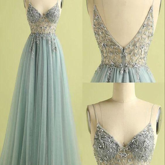 Sage Green Prom Dresses, Beaded Applique Prom Dresses, Spaghetti Strap Prom Gown, A Line Tulle Prom Dresses, Elegant Evening Dresses, Vestidos De Fiesta, Sexy Formal Occasion Dresses 