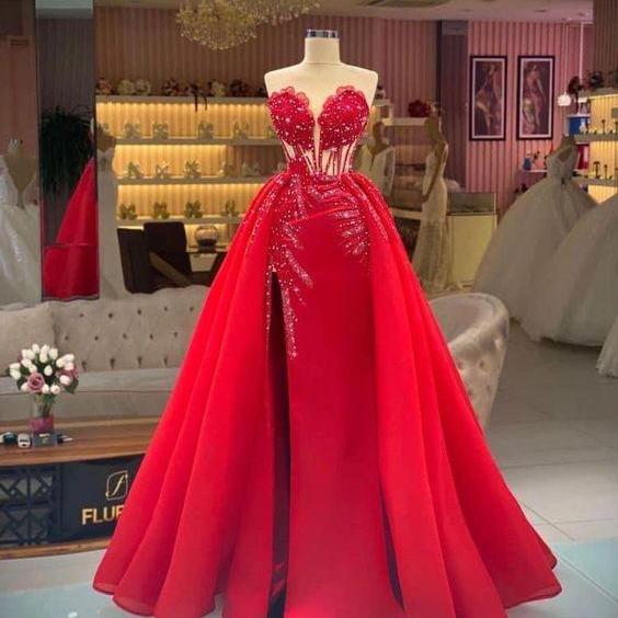 Red Corset Prom Dresses, Lace Applique Prom Dresses, Vestidos De Gala, Elegant Prom Dresses, Robes De Bal, Beaded Prom Dresses, Formal Occasion Dresses, Detachable Train Prom Gown, Arabic Evening Dresses