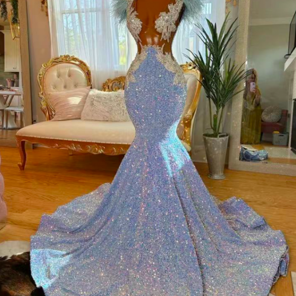 Blue Sparkly Prom Dresses, Feather Elegant Prom Gown, Mermaid Evening Dresses, Vestidos De Fiesta, Lace Applique Evening Gown, Elegant Prom Dresses, Formal Occasion Dresses, Sequin Applique Prom Gowns 