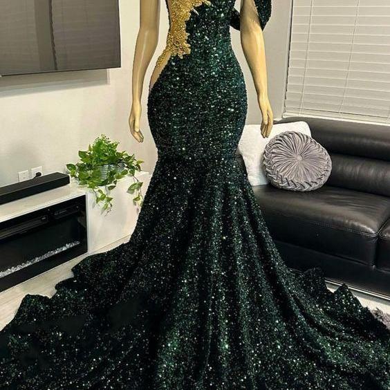 Dark Green Sparkly Prom Dresses, Custom Prom Dresses 2025, Gold Beading Formal Occasion Dresses 2026, Mermaid Prom Dresses for Black Girls, 2024 Fashion Party Dresses, Vestidos De Gala