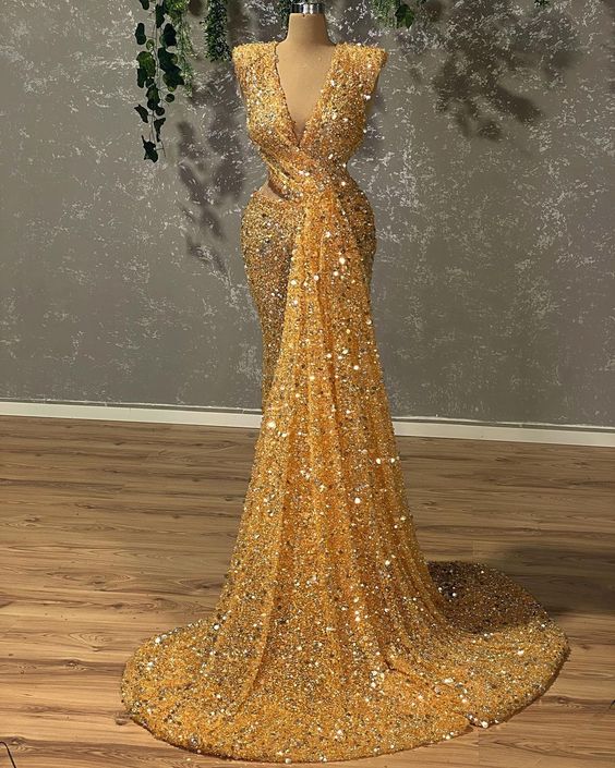 Gold Sparkly Evening Dresses, V Neck Evening Dress, Cap Sleeve Prom ...