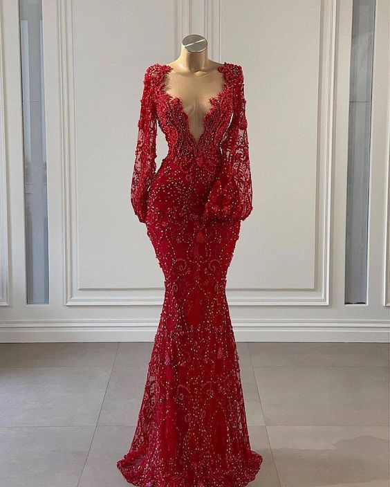 Luxury Evening Dress, Red Evening Dress, Deep V Neck Evening Dresses ...