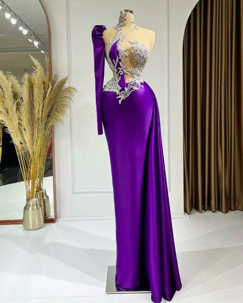 Purple Prom Dresses, Beaded Applique Prom Dresses, High Neck Evening ...